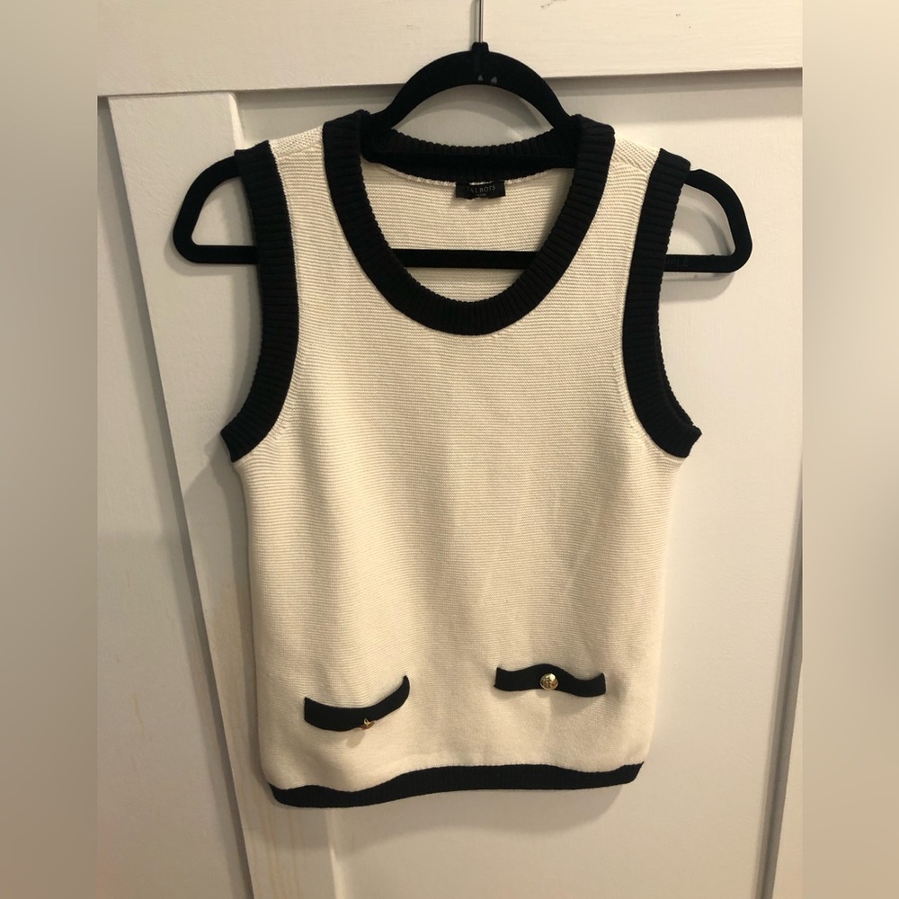 Talbots Petite Cream Tank Top Sweater with black trim
